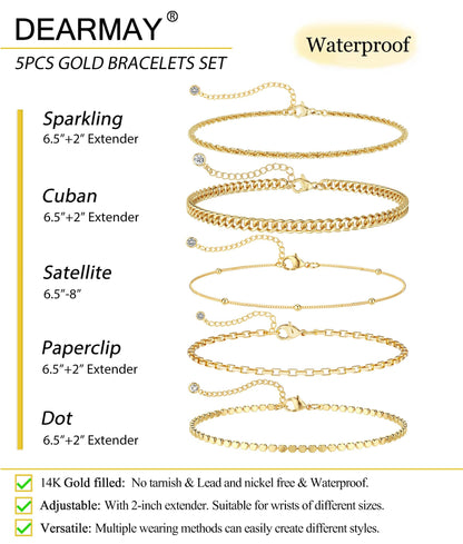 Kryssable Collection Gold Bracelets Set for Women 14K Real Gold Plated Jewelry Fashion Stackable Tennis Beaded Figaro Herringbone Paperclip Link Bracelet Pack Stack Gifts for Women
