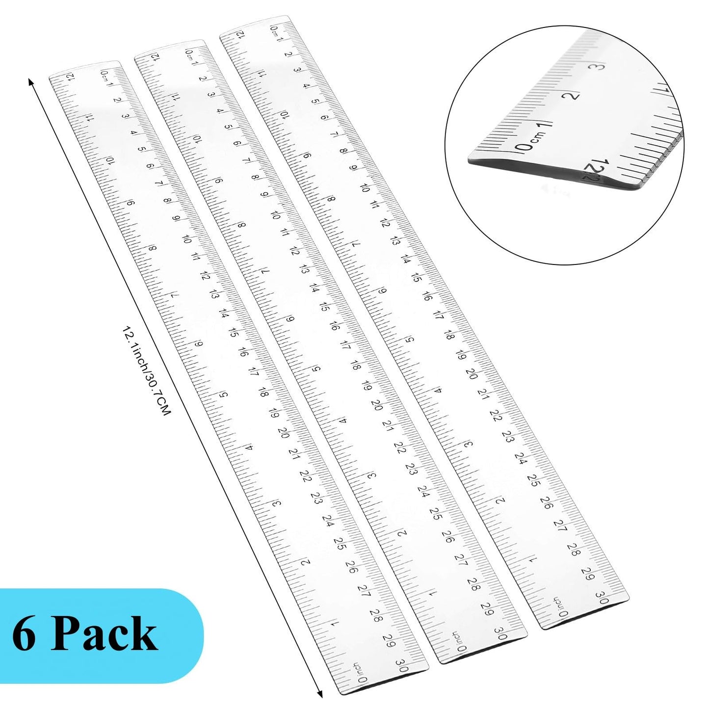Zonon 6 Pcs 12 Inch Ruler Bulk Plastic Flexible Straight Metric/inches