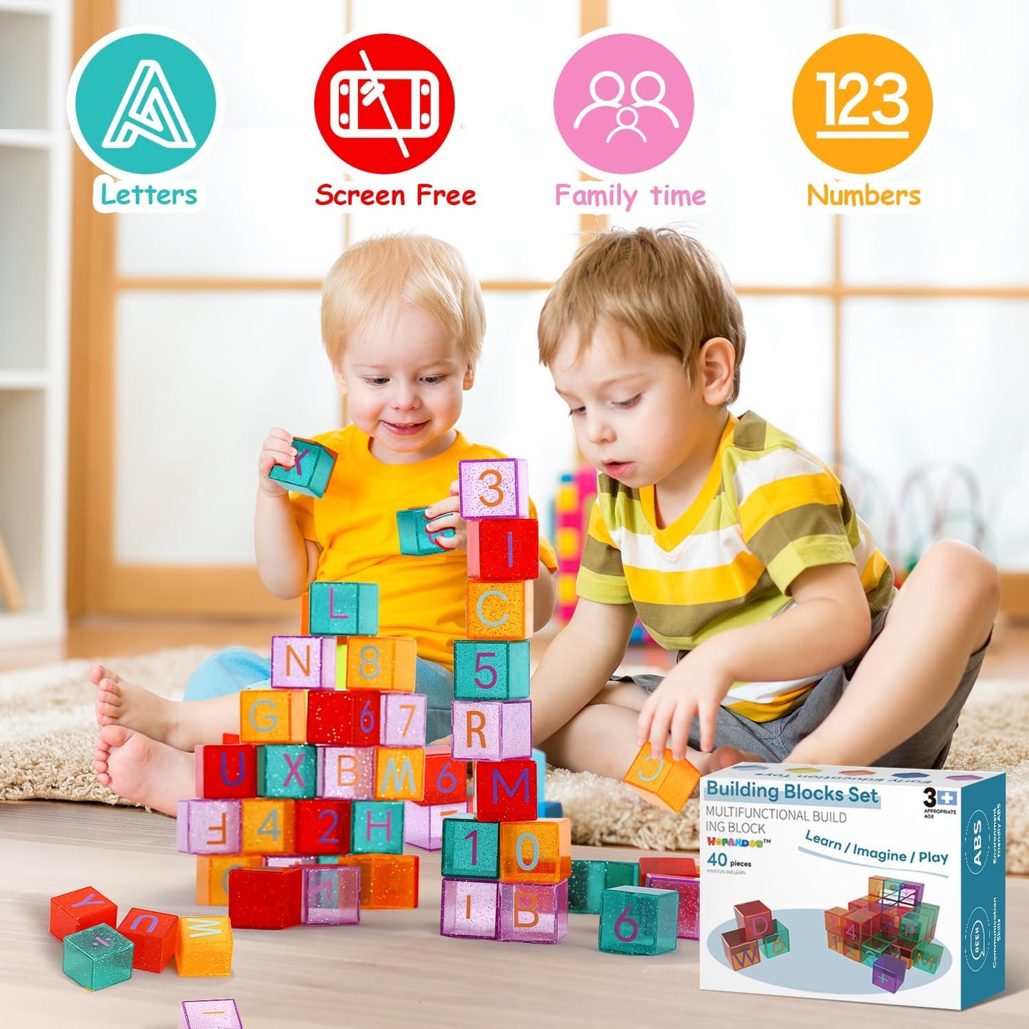 Aura Restored 40-piece toddler building blocks set with ABC and number stacking blocks for early learning and play.
