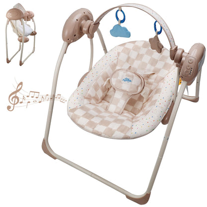 Aura Restored Tiny Marvels infant swing with blush bloom fabric, adjustable speed, music, removable toy bar, foldable for indoor outdoor use.