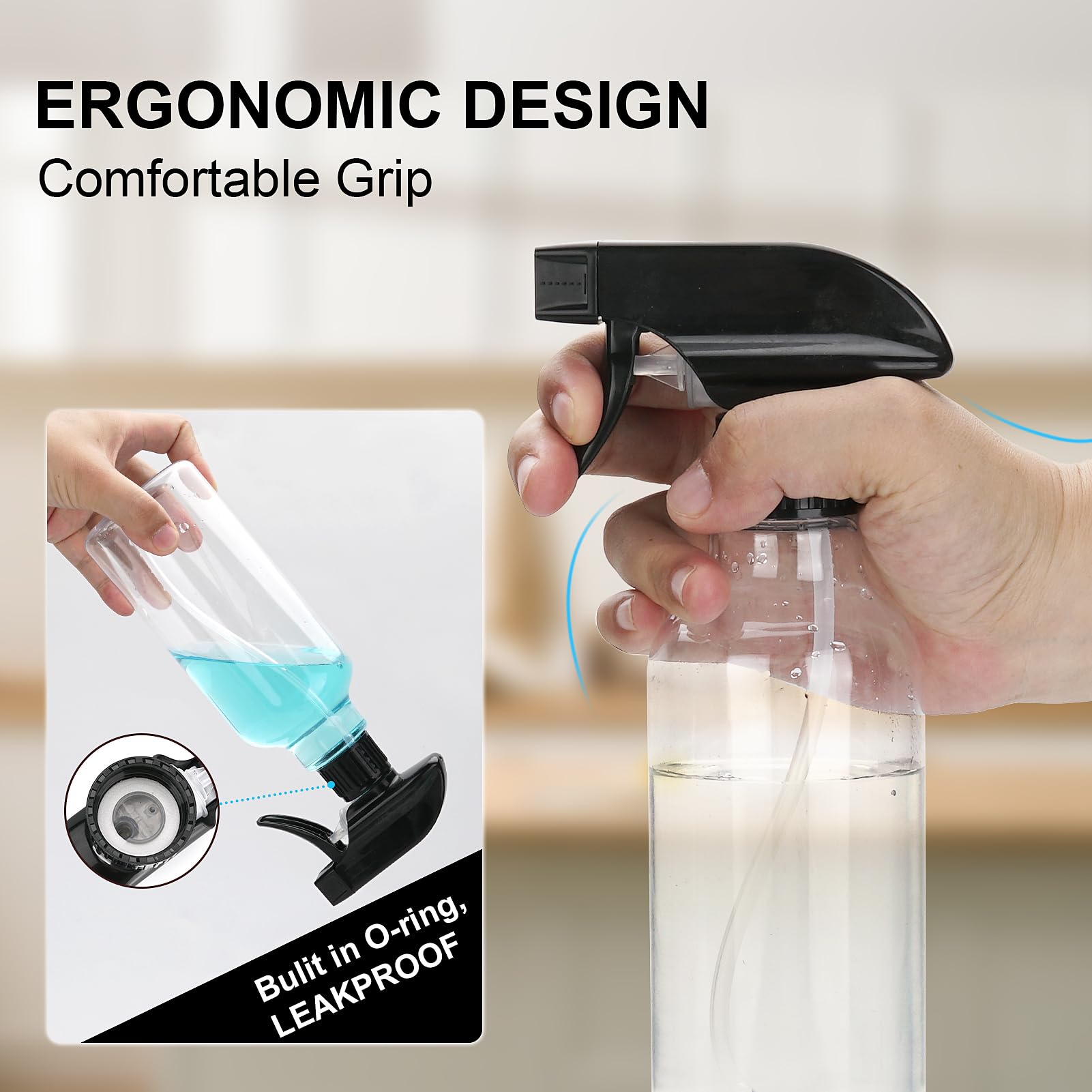 Aura Restored 12 oz heavy-duty plastic spray bottles for cleaning, showing clear, durable bottles with spray nozzles.