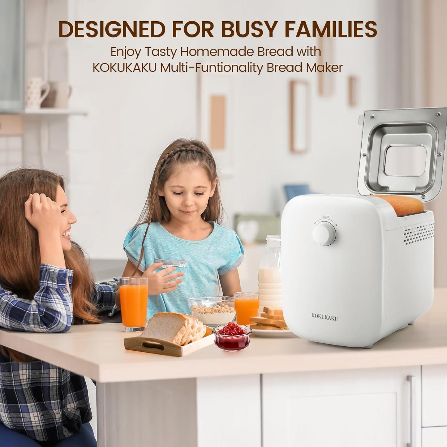 22-In-1 Compact Automatic Bread Maker Machine, 1LB/1.5LB Programmable 2 Loaf Sizes, 3 Crust Colors, Small Digital Home Bakery with Dough, Cake, Jam, Yogurt, Non-stick Pan, White