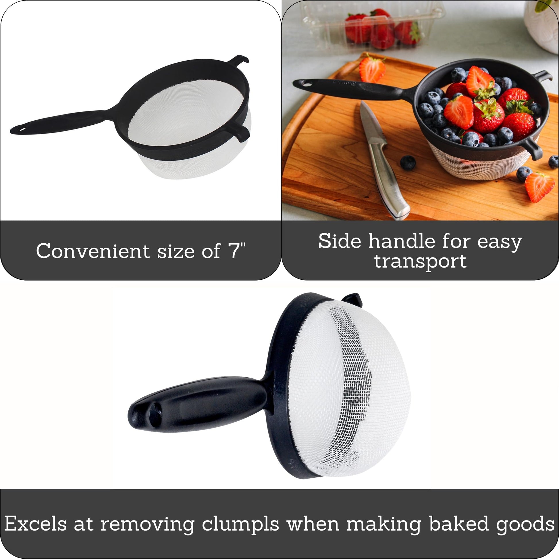 Black 6-inch IMUSA IMU-71133W plastic strainer from Aura Restored, kitchen utensil for draining and sifting.