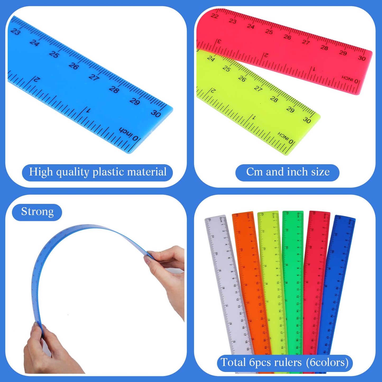 Zonon 6 Pcs 12 Inch Ruler Bulk Plastic Flexible Straight Metric/inches