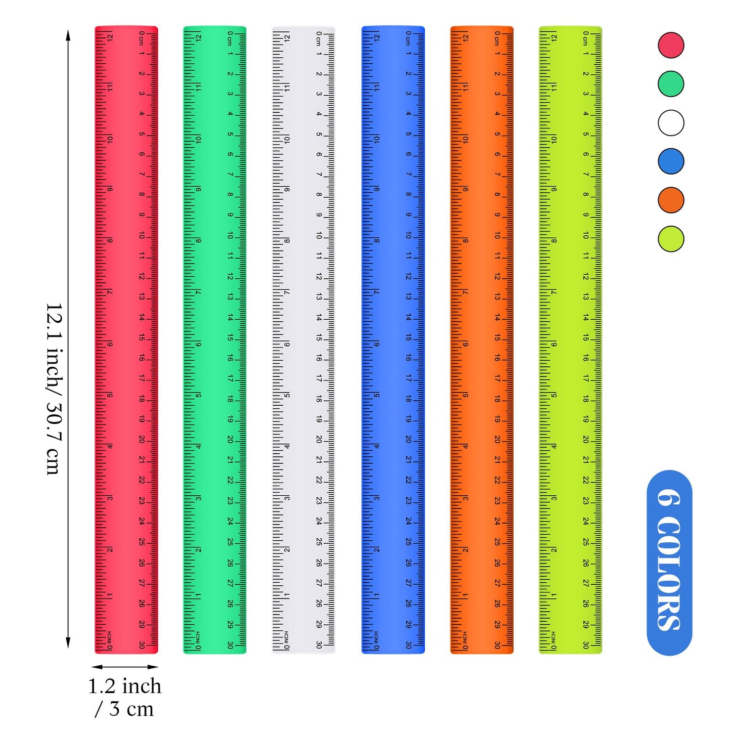 Zonon 6 Pcs 12 Inch Ruler Bulk Plastic Flexible Straight Metric/inches