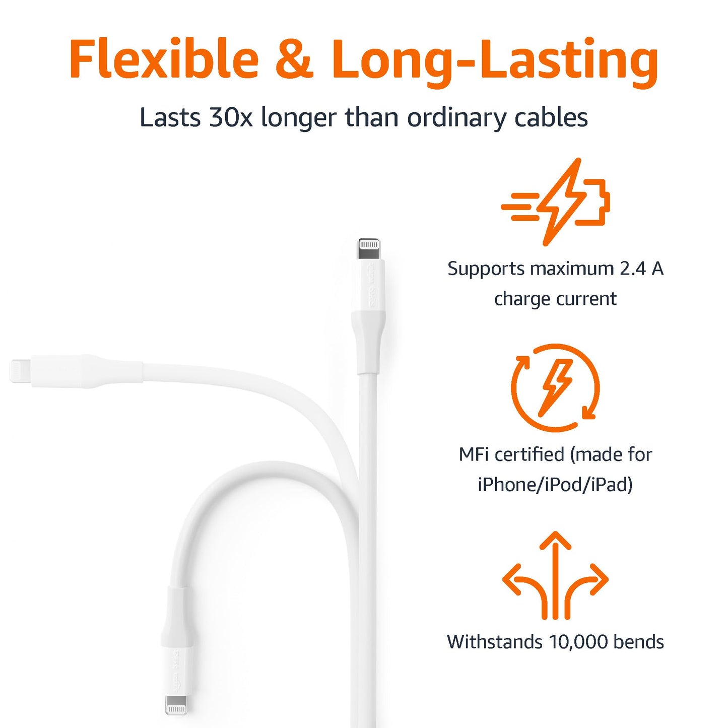 Amazon Basics - 1-Pack USB-A to Lightning ABS Charger Cable, MFi Certified for Apple iPhone 14 13 12 11 X Xs Pro, Pro Max, Plus, iPad, 10,000 Bend Lifespan, 10 Foot, White