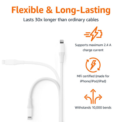 Amazon Basics - 1-Pack USB-A to Lightning ABS Charger Cable, MFi Certified for Apple iPhone 14 13 12 11 X Xs Pro, Pro Max, Plus, iPad, 10,000 Bend Lifespan, 10 Foot, White