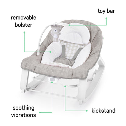 Aura Restored Ingenuity Keep Cozy 3-in-1 baby bouncer with toy bar, vibrating seat, and rocker for infants to toddlers up to 40 lbs.
