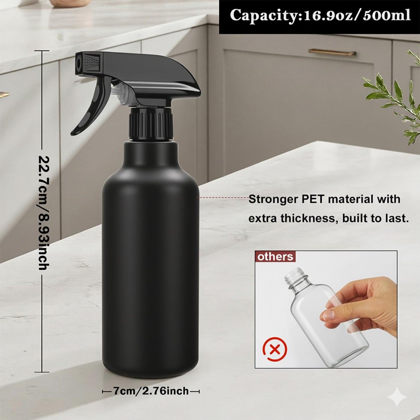 12 oz heavy-duty plastic spray bottles by Aura Restored, shown with trigger spray nozzles, ideal for cleaning supplies.