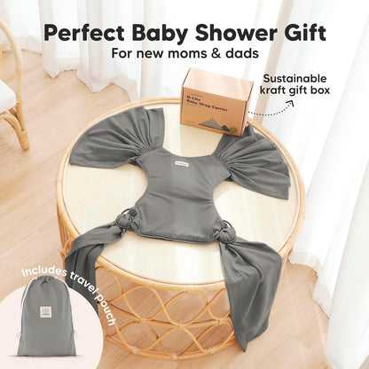 Aura Restored KeaBabies baby wrap carrier ring sling in graphite, adjustable, breathable fabric for newborn to toddler bonding.
