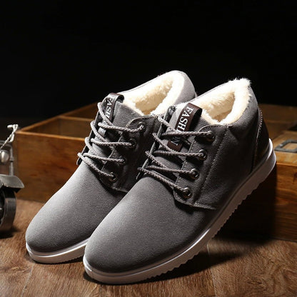 Aura Restored men's winter snow boots featuring velvet material, thick soles, and warm lining for casual hiking and dress wear.