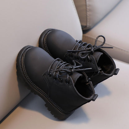Toddler girl and boy combat ankle boots by Aura Restored, waterproof leather outdoor shoes with side zipper for fall outdoor play.
