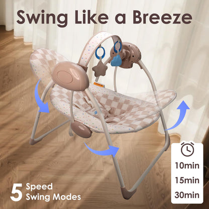 Aura Restored Tiny Marvels portable infant swing with adjustable speed, music, removable toy bar, foldable for indoor and outdoor use.