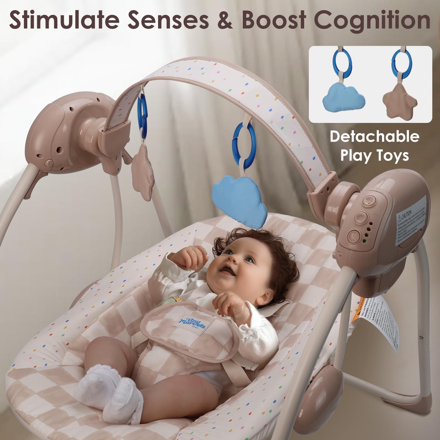 Baby Swings for Infants, Tiny Marvels Portable Swing with Adaptable Speed, Music, Removable-Toy-Bar, Foldable Infant Swing for Indoor and Outdoor Use, 0-9 Months 6-20 lbs(Blush Bloom)