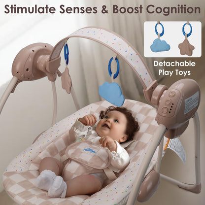 Aura Restored Tiny Marvels portable baby swing in blush bloom with adjustable speed, music, removable toy bar, foldable for indoor or outdoor use