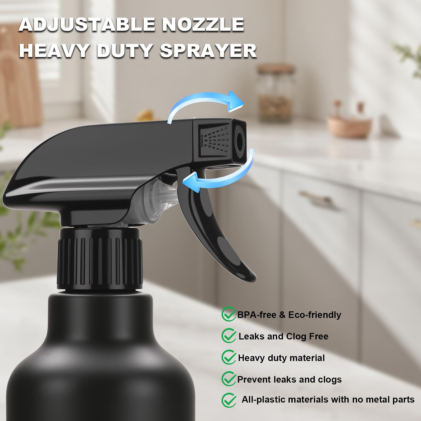 Aura Restored 12 oz heavy-duty plastic spray bottles for cleaning supplies, shown with nozzles and clear body for easy content identification.