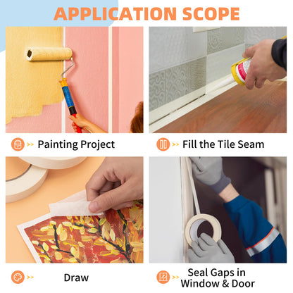 Aura Restored KICNIC painter tape in white, 0.7 inch by 60 yards, shown on a craft workspace for masking and painting projects.