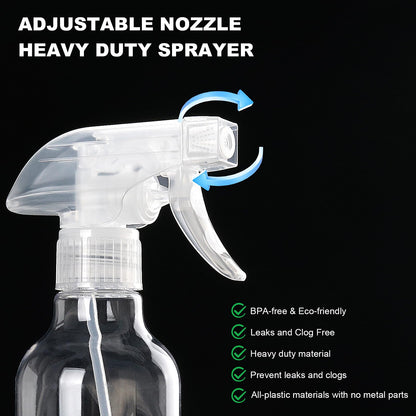Aura Restored 12 oz heavy-duty plastic spray bottle for cleaning supplies, with a trigger spray nozzle and clear body.