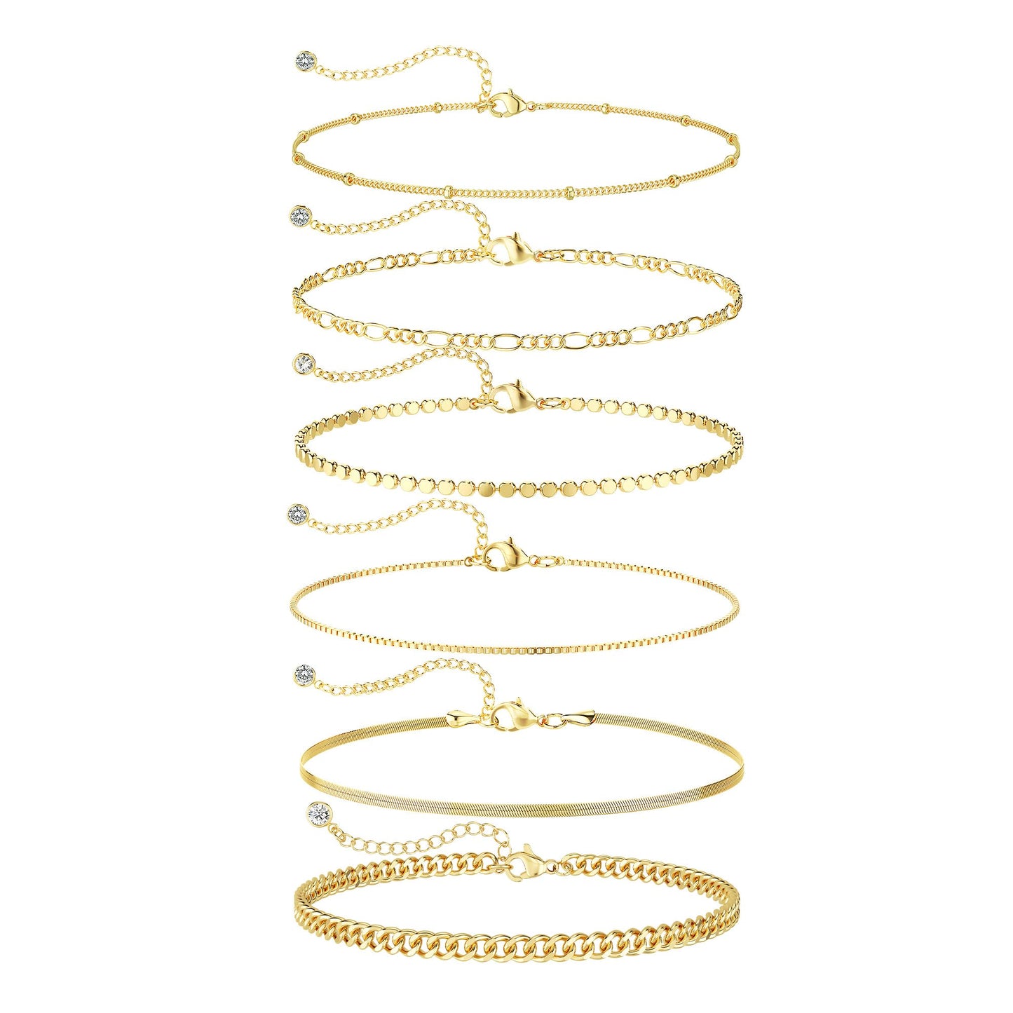 Kryssable Collection Gold Bracelets Set for Women 14K Real Gold Plated Jewelry Fashion Stackable Tennis Beaded Figaro Herringbone Paperclip Link Bracelet Pack Stack Gifts for Women