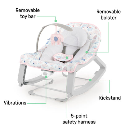 Aura Restored Ingenuity Keep Cozy 3-in-1 baby bouncer with toy bar, vibrating seat, and rocker for infants to toddlers up to 40 lbs.