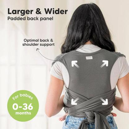 Aura Restored KeaBabies baby wrap carrier ring sling in graphite, adjustable, breathable fabric, worn by a parent with a baby.