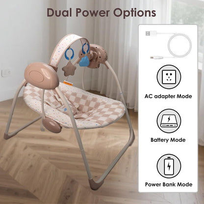 Aura Restored Tiny Marvels infant swing in blush bloom with removable toy bar, adjustable speed, music, foldable design for indoor outdoor use