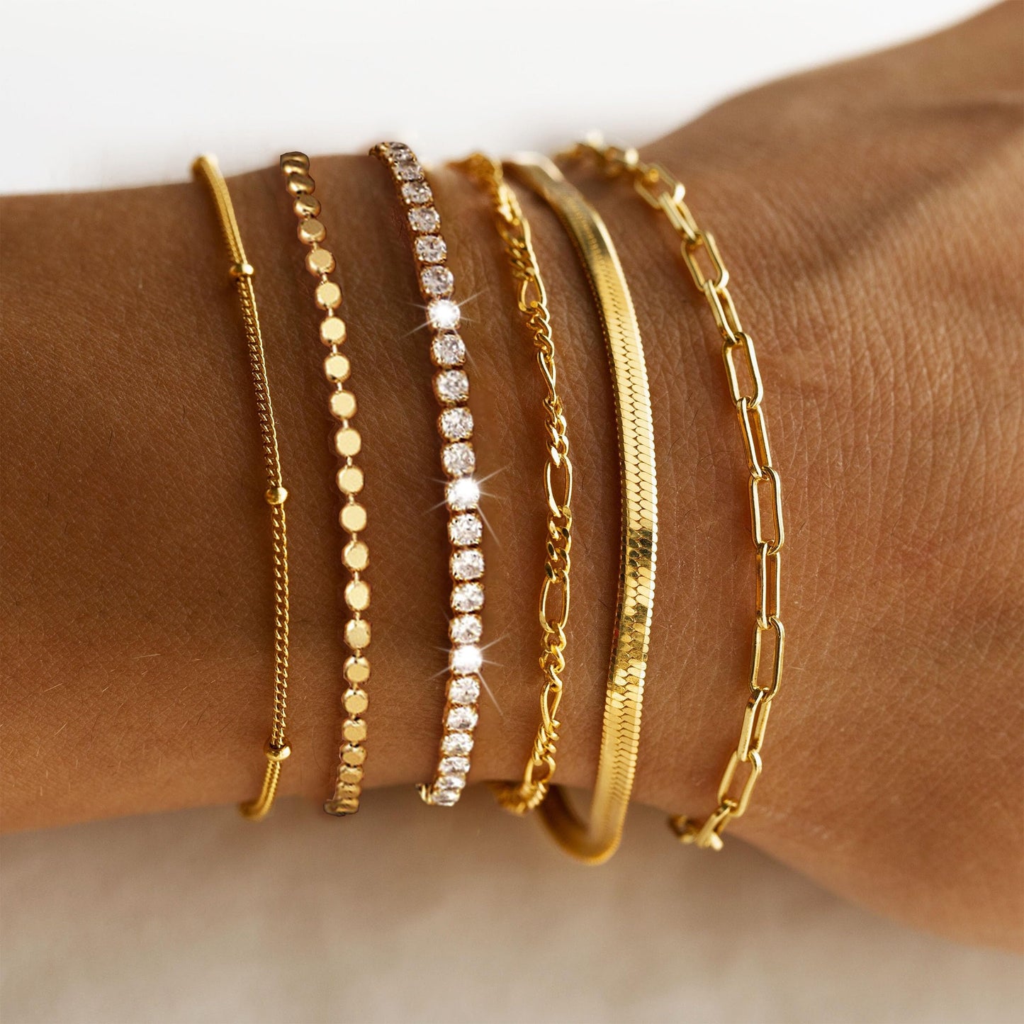 Kryssable Collection Gold Bracelets Set for Women 14K Real Gold Plated Jewelry Fashion Stackable Tennis Beaded Figaro Herringbone Paperclip Link Bracelet Pack Stack Gifts for Women