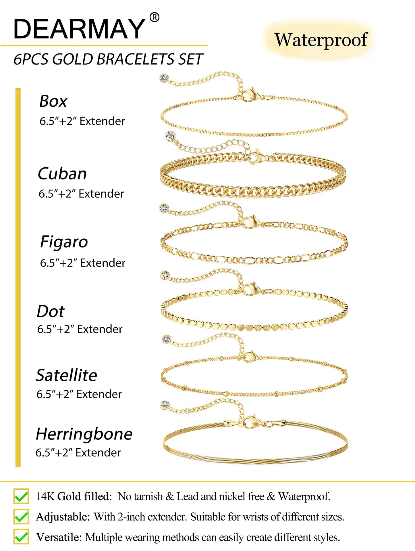 Kryssable Collection Gold Bracelets Set for Women 14K Real Gold Plated Jewelry Fashion Stackable Tennis Beaded Figaro Herringbone Paperclip Link Bracelet Pack Stack Gifts for Women