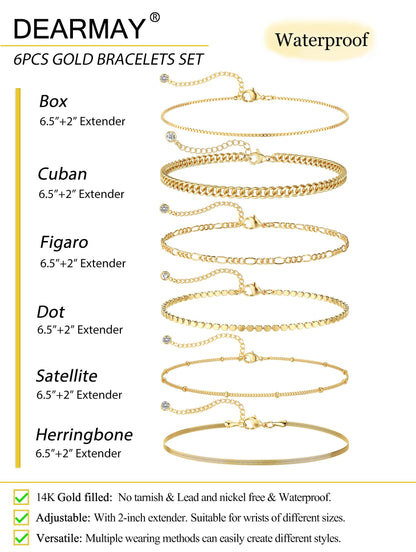 Kryssable Collection Gold Bracelets Set for Women 14K Real Gold Plated Jewelry Fashion Stackable Tennis Beaded Figaro Herringbone Paperclip Link Bracelet Pack Stack Gifts for Women