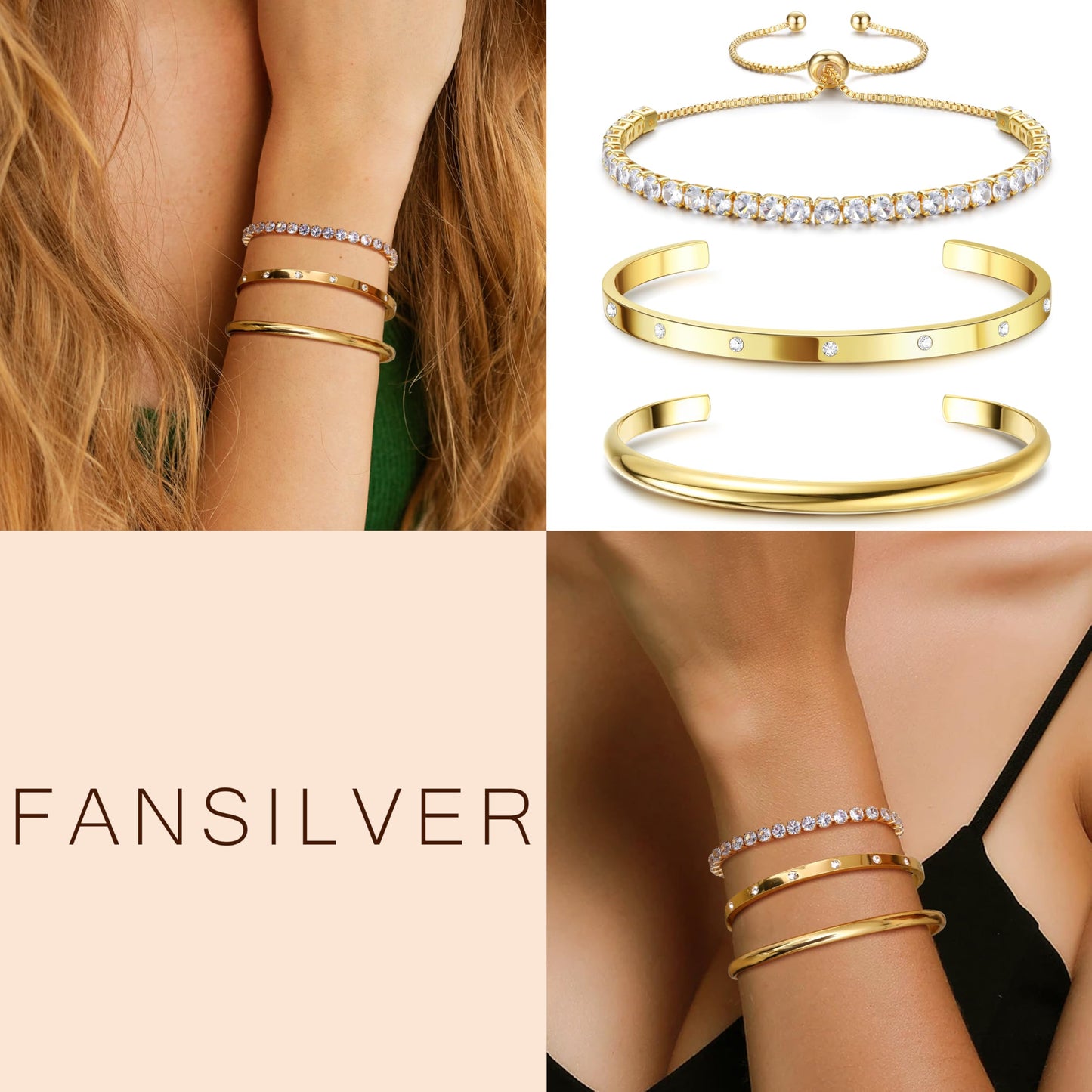 Kryssable Collection 14k Gold Plated Bangle Cuff Chain Bracelets