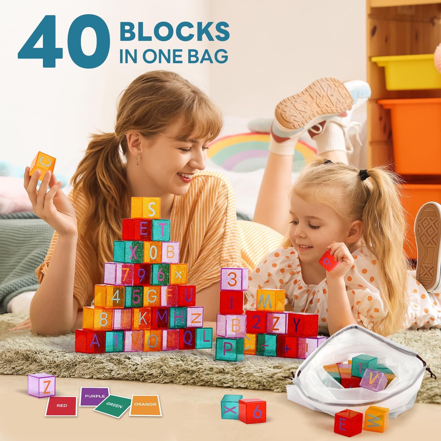 Aura Restored 40-piece building blocks learning kit with ABC and number stacking blocks for toddlers, educational and colorful.