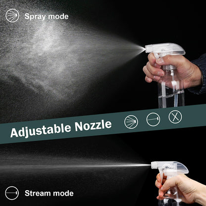 12 oz heavy-duty plastic spray bottles by Aura Restored, shown empty with adjustable nozzles for cleaning supplies.