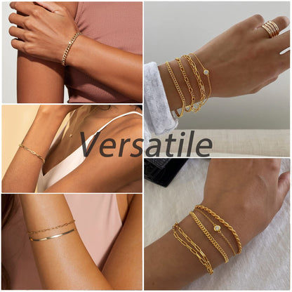 Kryssable Collection Gold Bracelets Set for Women 14K Real Gold Plated Jewelry Fashion Stackable Tennis Beaded Figaro Herringbone Paperclip Link Bracelet Pack Stack Gifts for Women