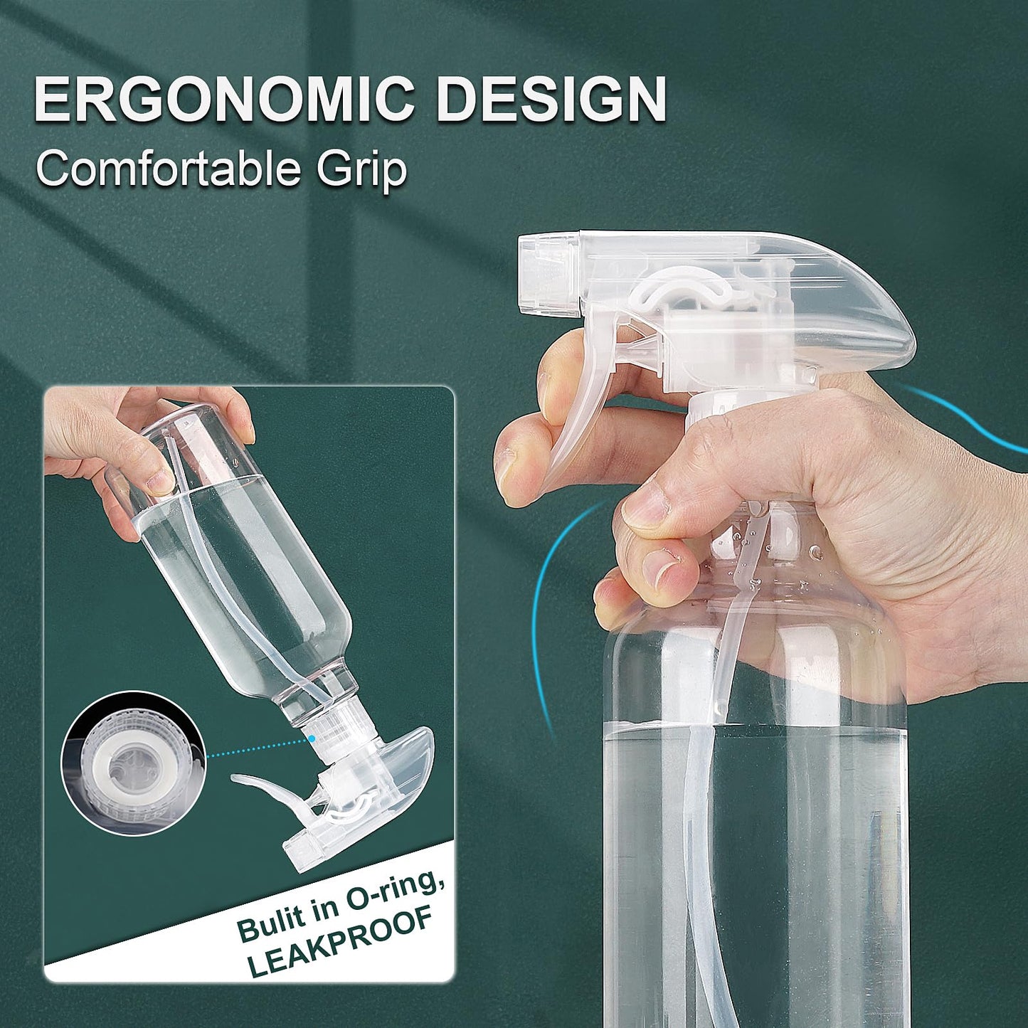 12 oz heavy-duty plastic spray bottles by Aura Restored, shown with nozzles and clear, durable design for cleaning supplies.