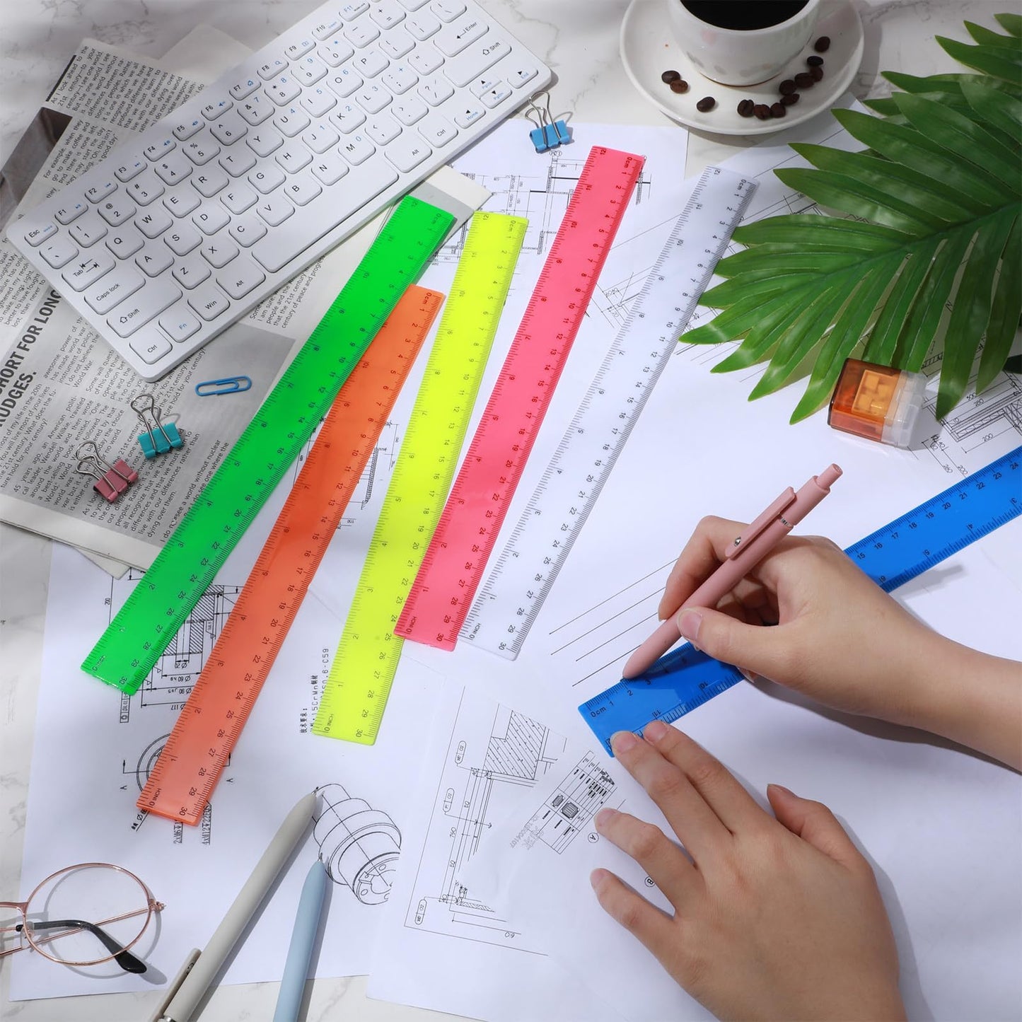 Zonon 6 Pcs 12 Inch Ruler Bulk Plastic Flexible Straight Metric/inches