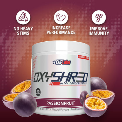 EHP Labs OxyShred Pre Workout Powder & Shredding Supplement - Preworkout Powder with L Glutamine & Acetyl L Carnitine, Energy Boost Drink - Passionfruit, 60 Servings