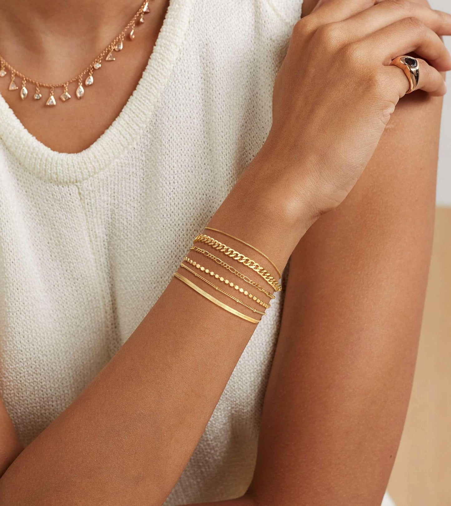Kryssable Collection Gold Bracelets Set for Women 14K Real Gold Plated Jewelry Fashion Stackable Tennis Beaded Figaro Herringbone Paperclip Link Bracelet Pack Stack Gifts for Women