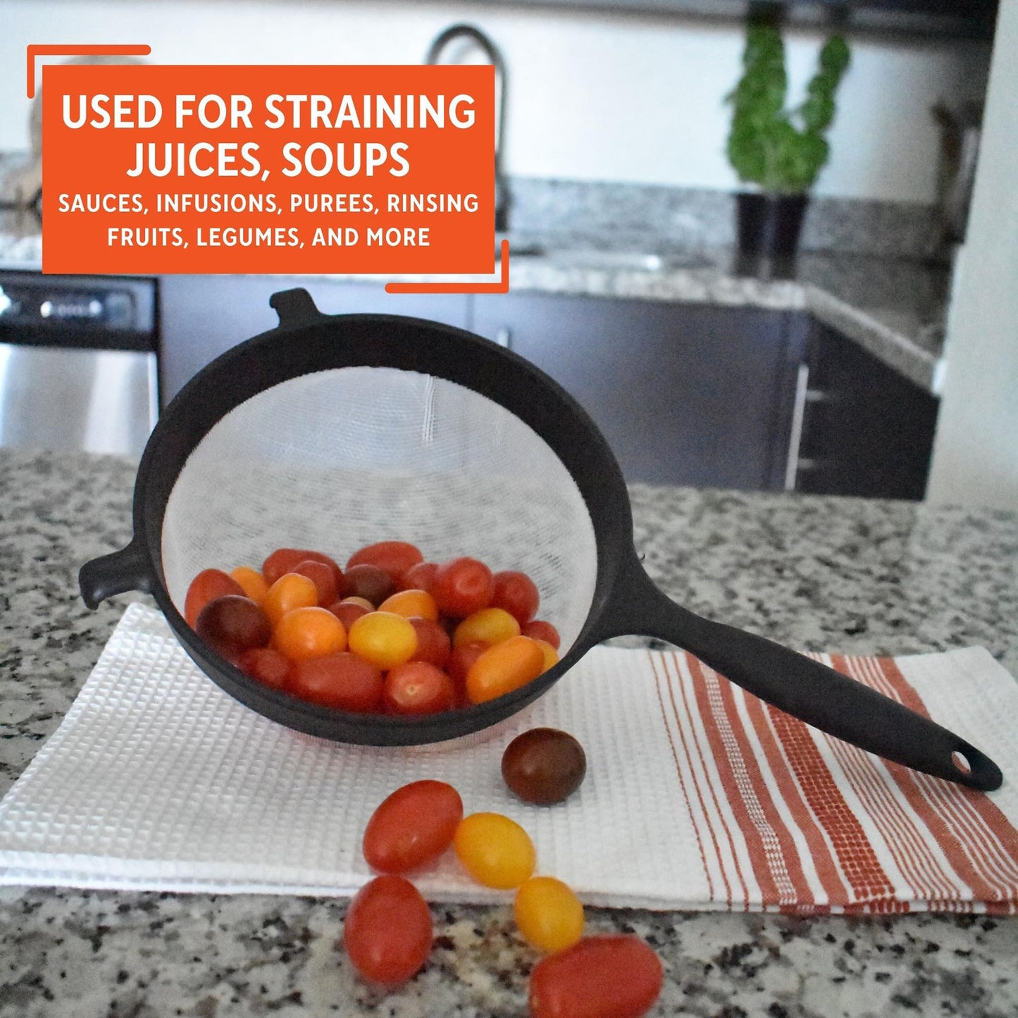 Black 6-inch plastic kitchen strainer from Aura Restored, ideal for sifting and draining food in the kitchen.