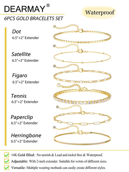 Kryssable Collection Gold Bracelets Set for Women 14K Real Gold Plated Jewelry Fashion Stackable Tennis Beaded Figaro Herringbone Paperclip Link Bracelet Pack Stack Gifts for Women
