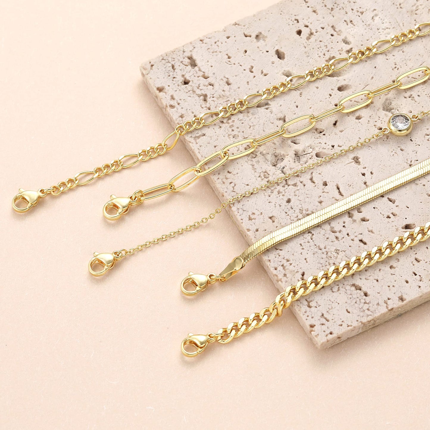 Kryssable Collection Gold Bracelets Set for Women 14K Real Gold Plated Jewelry Fashion Stackable Tennis Beaded Figaro Herringbone Paperclip Link Bracelet Pack Stack Gifts for Women