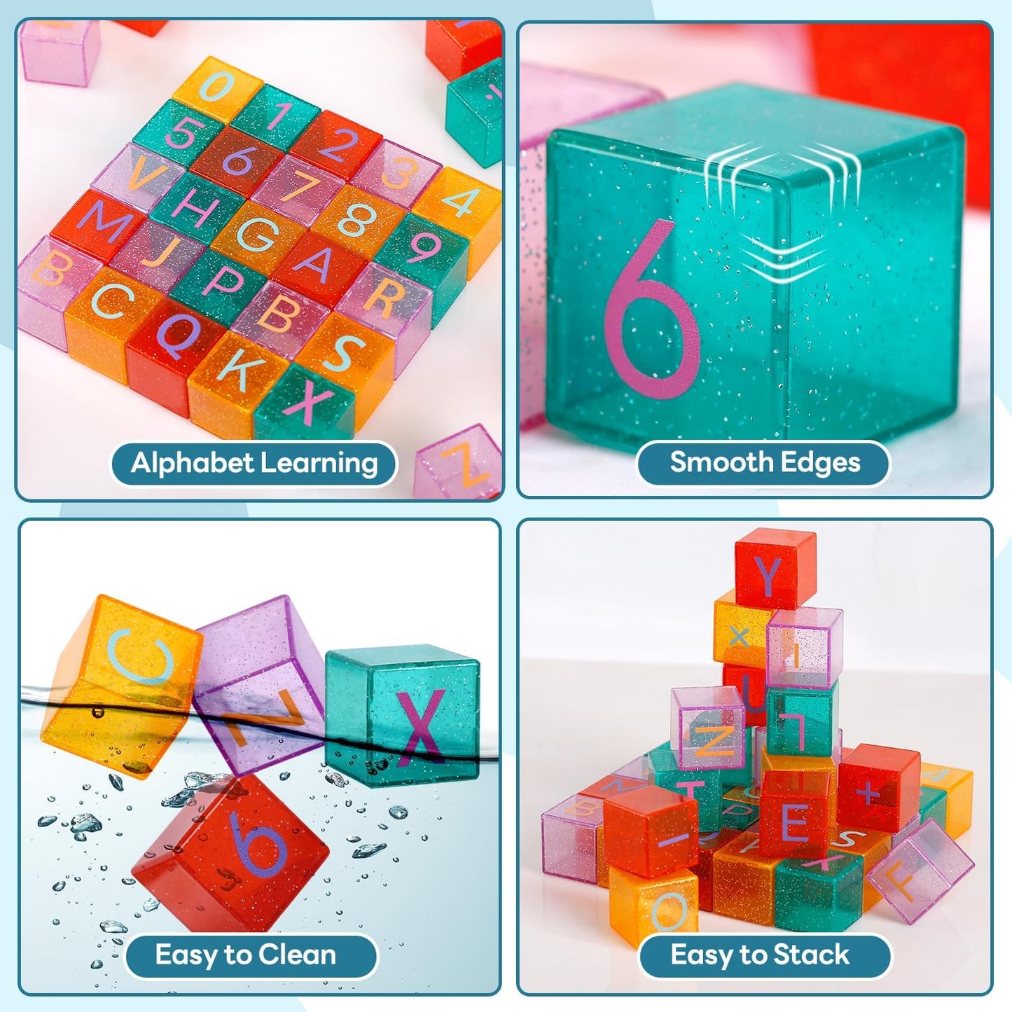 Aura Restored 40-piece toddler learning kit with ABC and number stacking building blocks for educational play.