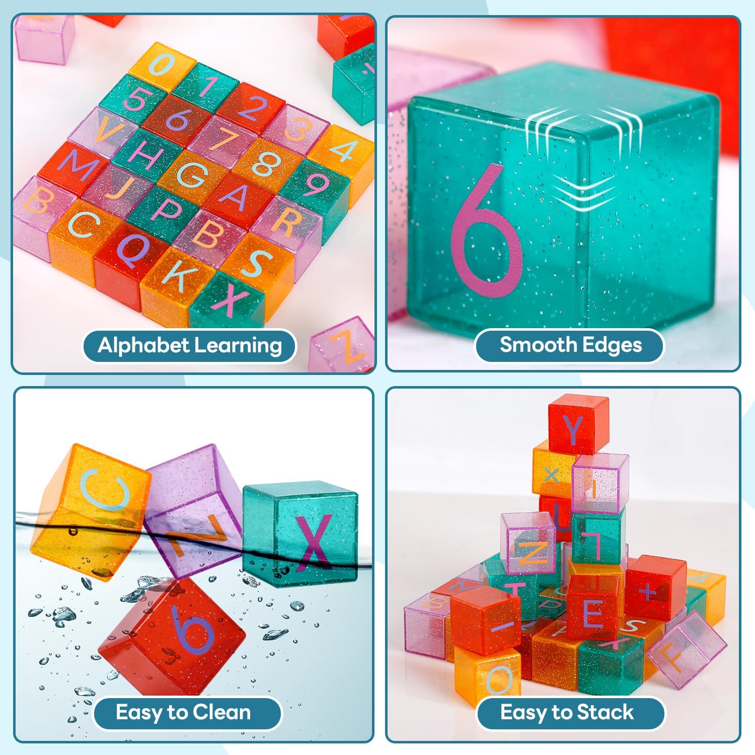 Aura Restored 40-piece toddler learning kit with ABC and number stacking building blocks for educational play.