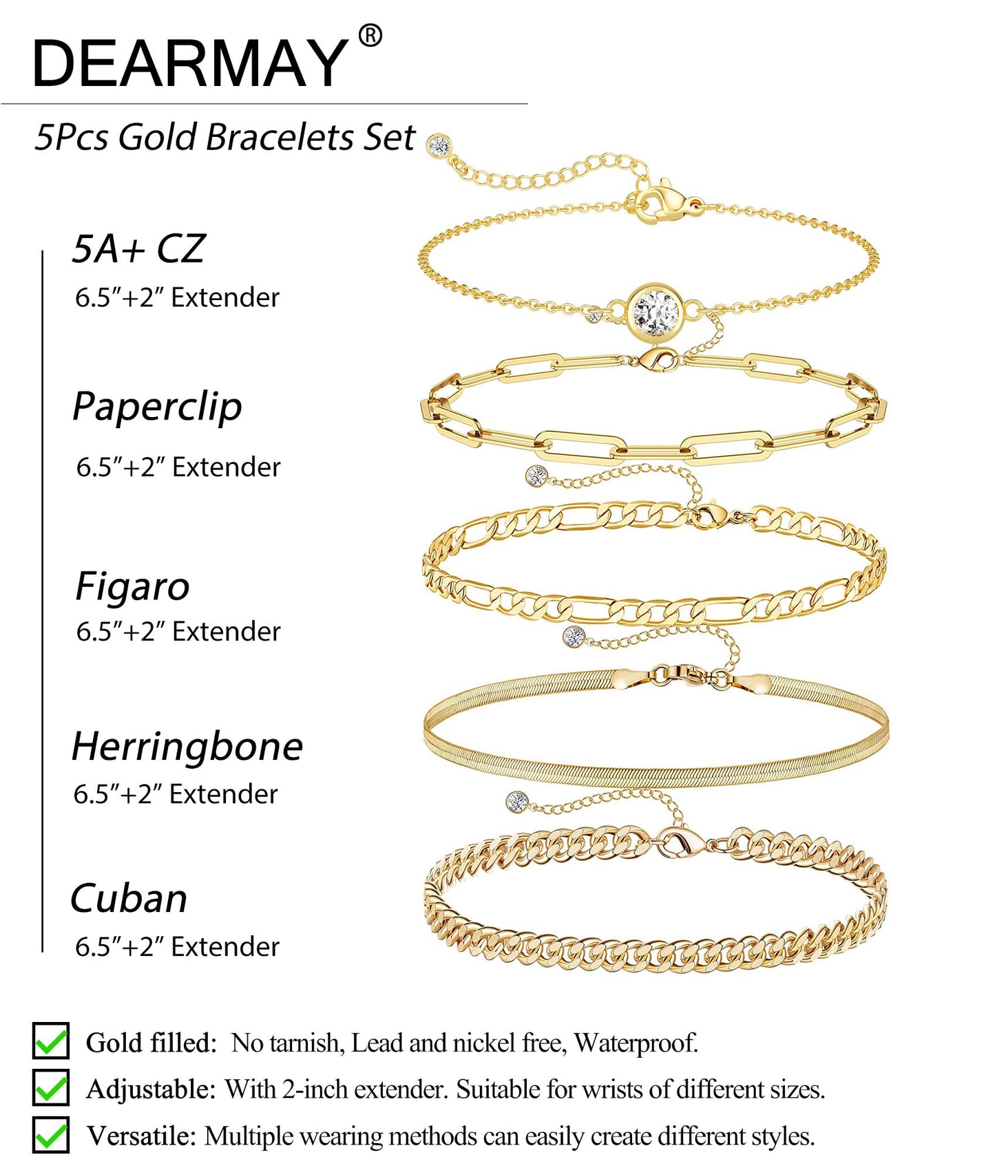 Kryssable Collection Gold Bracelets Set for Women 14K Real Gold Plated Jewelry Fashion Stackable Tennis Beaded Figaro Herringbone Paperclip Link Bracelet Pack Stack Gifts for Women