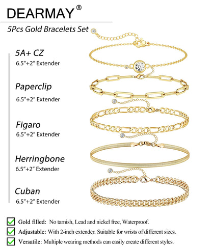 Kryssable Collection Gold Bracelets Set for Women 14K Real Gold Plated Jewelry Fashion Stackable Tennis Beaded Figaro Herringbone Paperclip Link Bracelet Pack Stack Gifts for Women