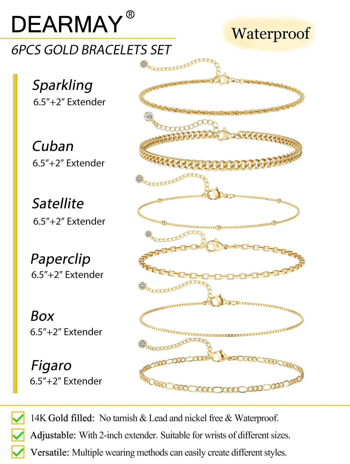 Kryssable Collection Gold Bracelets Set for Women 14K Real Gold Plated Jewelry Fashion Stackable Tennis Beaded Figaro Herringbone Paperclip Link Bracelet Pack Stack Gifts for Women