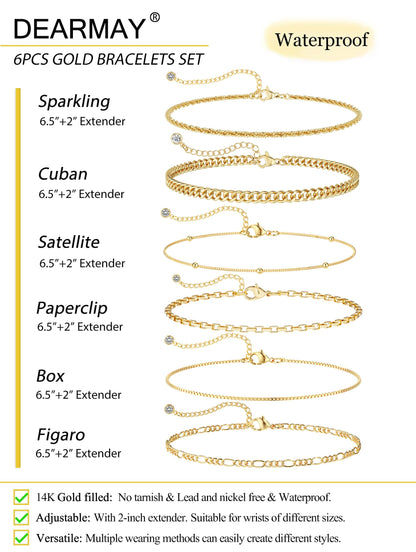 Kryssable Collection Gold Bracelets Set for Women 14K Real Gold Plated Jewelry Fashion Stackable Tennis Beaded Figaro Herringbone Paperclip Link Bracelet Pack Stack Gifts for Women