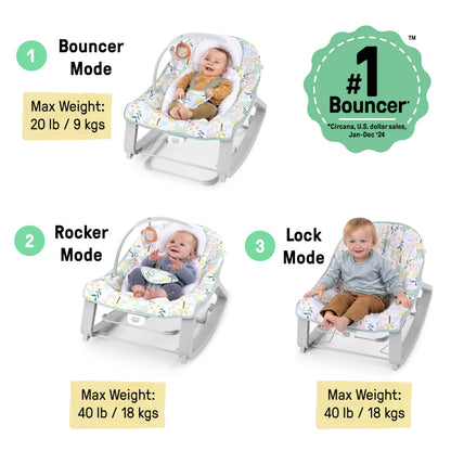Aura Restored Ingenuity Keep Cozy 3-in-1 baby bouncer with toy bar, vibrating seat, suitable for infants to toddlers up to 40 lbs.