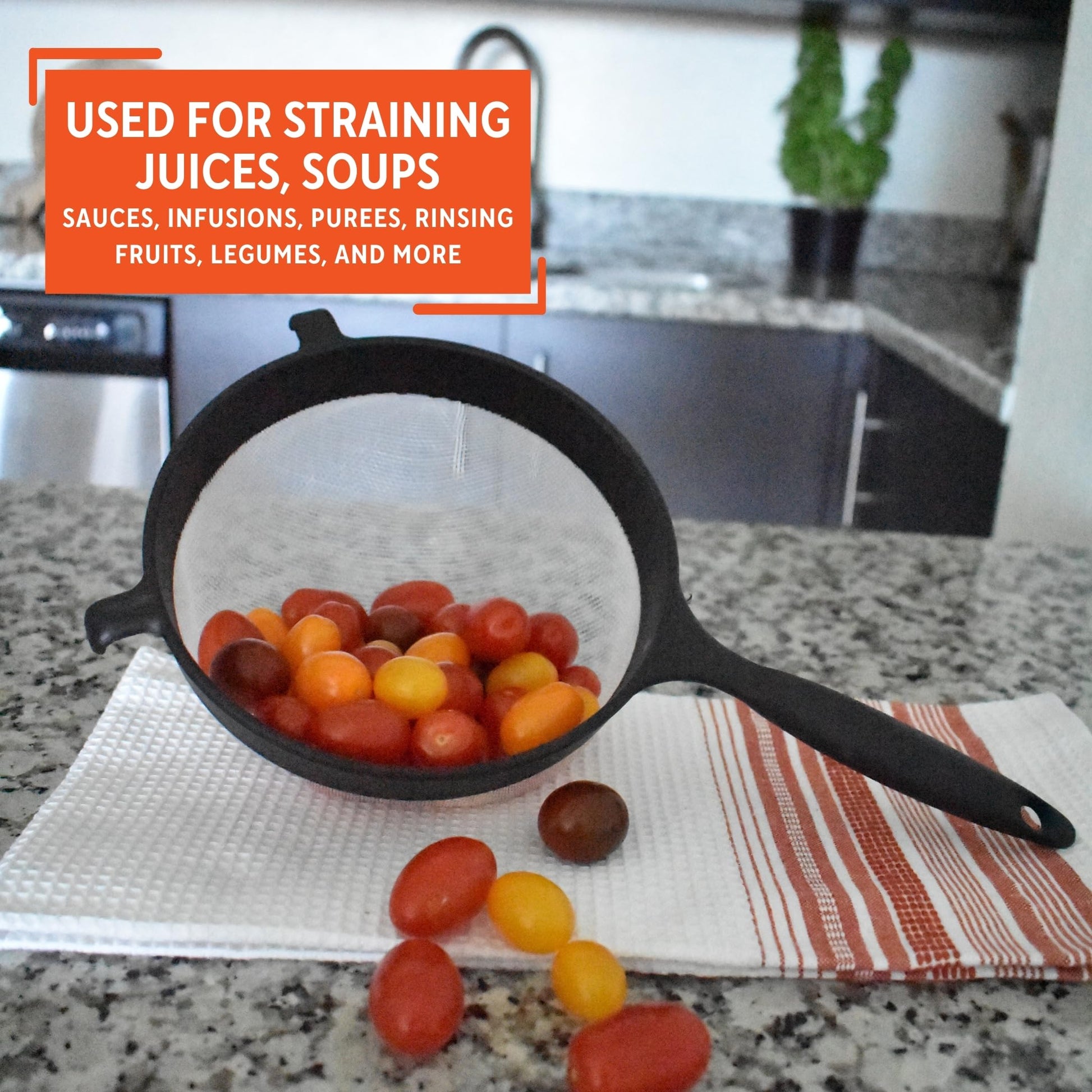Black 6-inch plastic kitchen strainer by Aura Restored, perfect for draining pasta and rinsing vegetables.