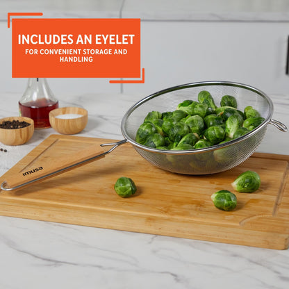 Black 6-inch plastic kitchen strainer by Aura Restored, with fine mesh for draining and sifting in cooking and baking.