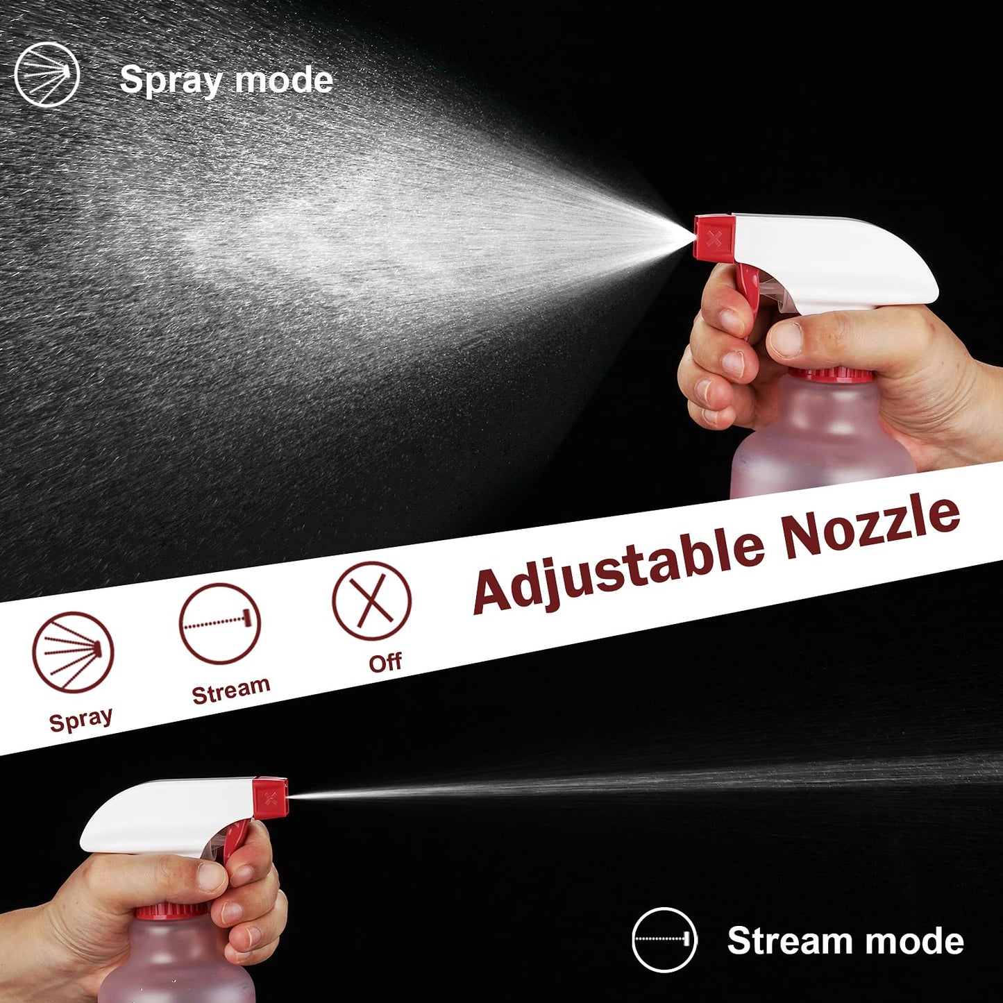 Aura Restored 12 oz heavy-duty plastic spray bottles for cleaning supplies, shown with adjustable nozzles and durable design.